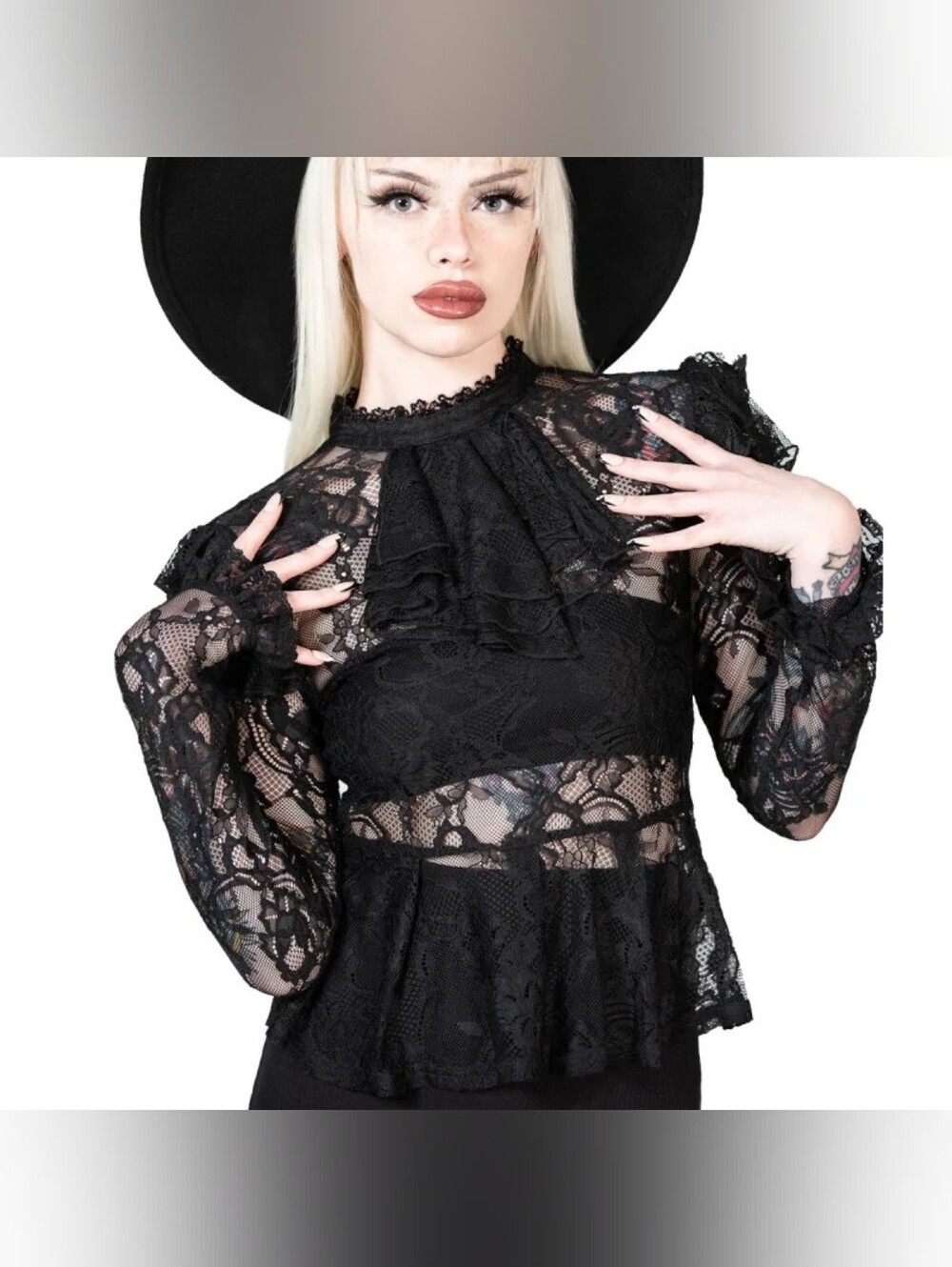 Killstar Fickle Feud Blouse Black Long Sleeve Lace Top Ruffle Victorian Peplum